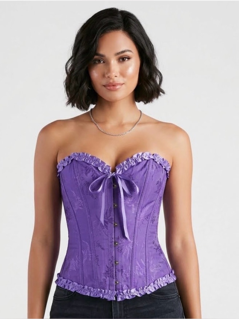 Lavender Purple Satin Floral Corset Top with Front Ribbon
